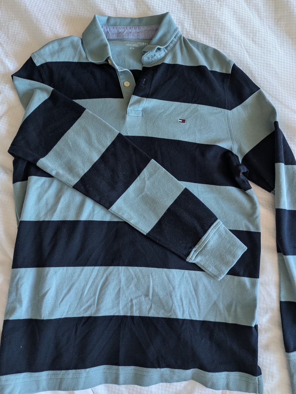 Tommy Hilfiger Striped Long Sleeve Rugby Polo Shirt Blue Navy Small